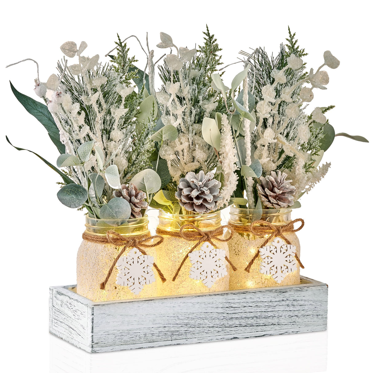 KIVIVO Winter Centerpieces for Tables, Table Decor with Mason Jar, Flowers Picks, Farmhouse Wood Tray, Snowflake Sign, 22 Pcs Christmas Winter White Wonderland Table Decorations Centerpieces for Home KIVIVO