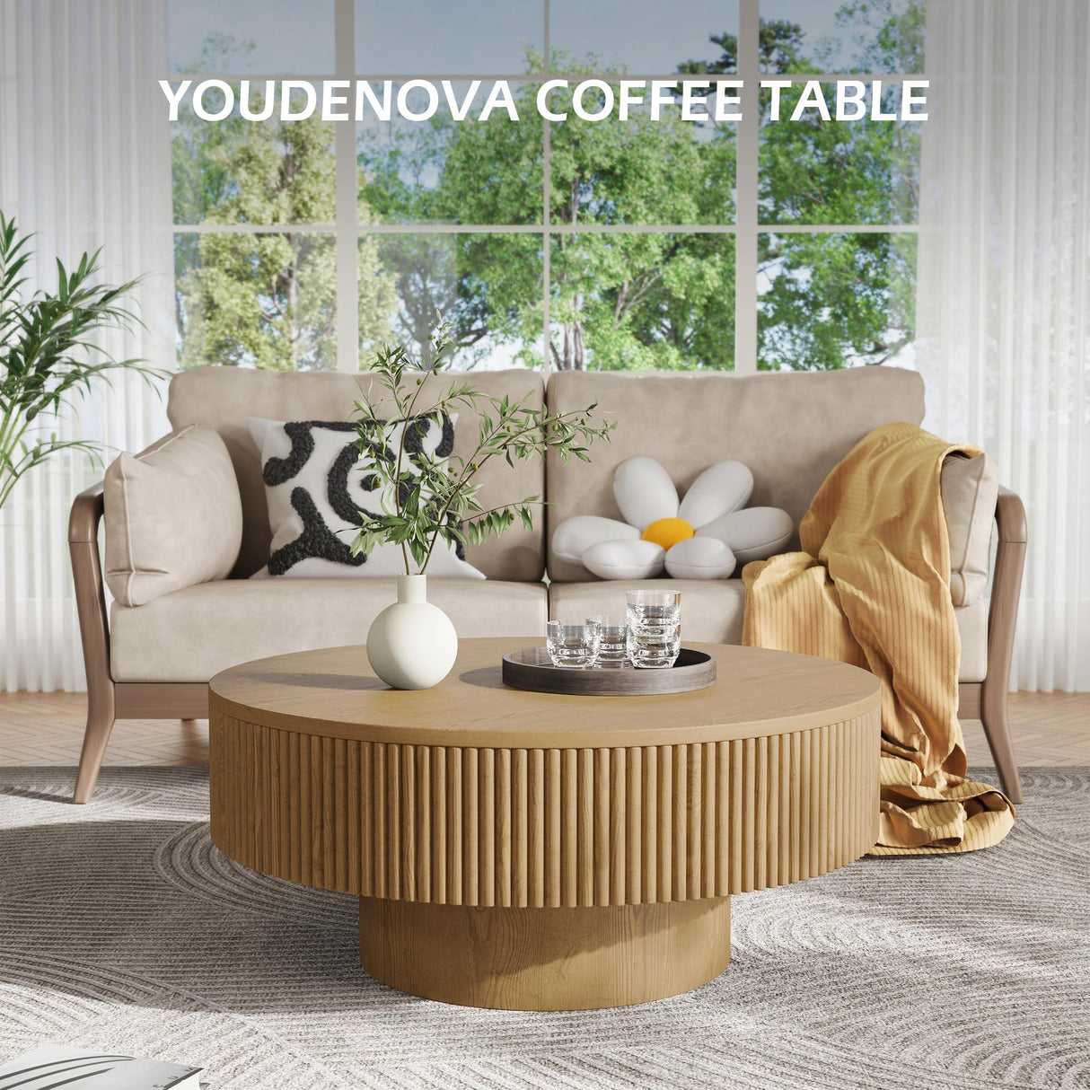 YOUDENOVA 31.5” Round Fluted Coffee Table, Modern Wood Circle Coffee Table, Veneer Handcrafted Relief Tea Table with Sturdy Pedestal for Living Room - Nature YOUDENOVA