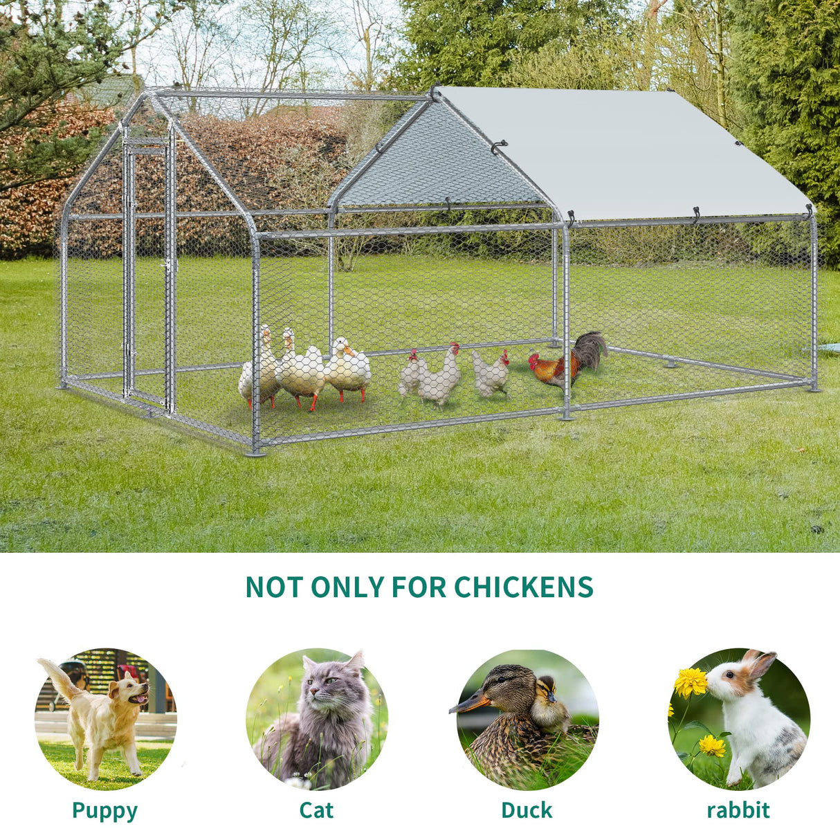 DWVO Large Metal Chicken Coop with Top Cover, 13.1'Lx9.8'Wx6.4'H Large Poultry Cage with Run, Chicken Run House Duck Cage Rabbits Coop for Outdoor Yard Farm DWVO