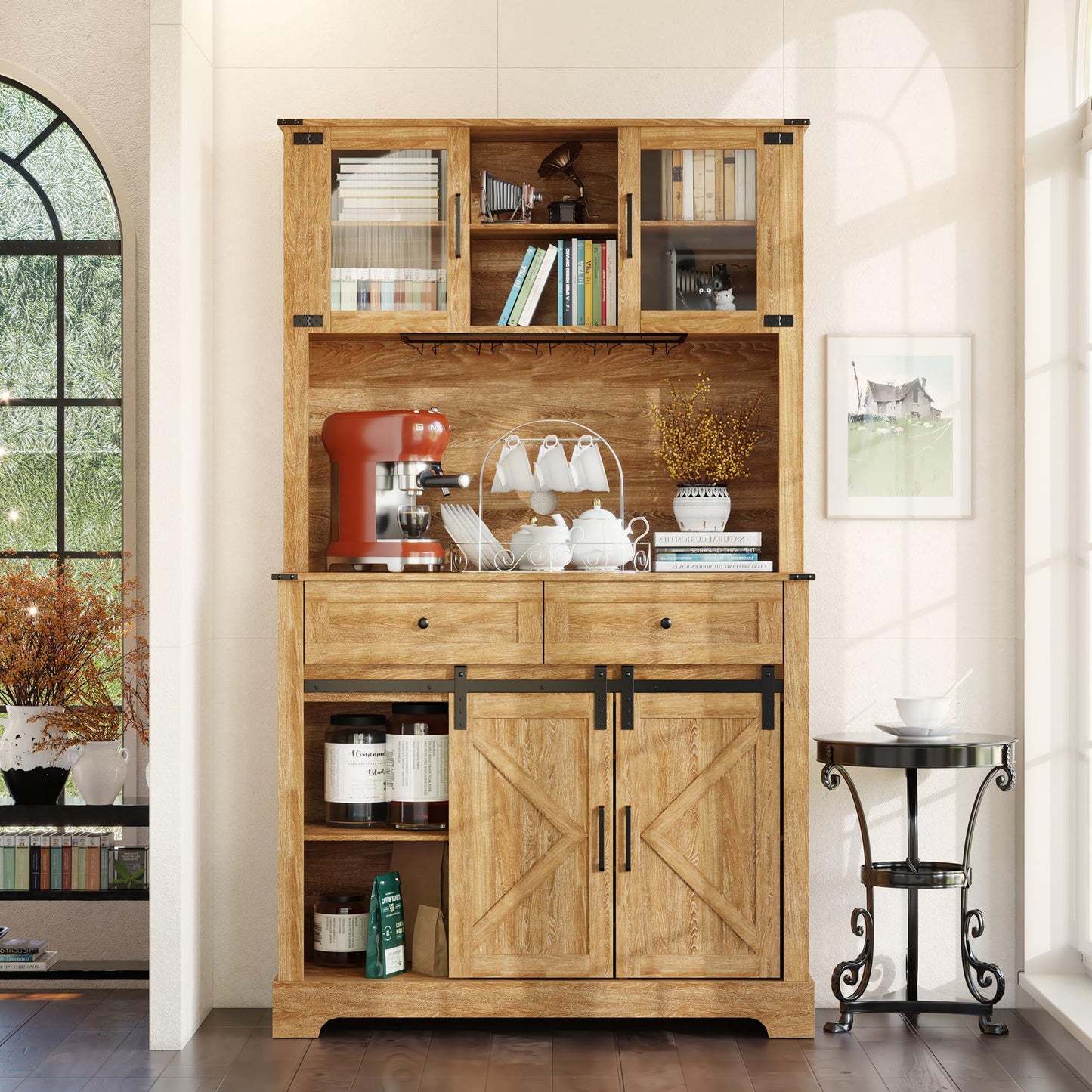 ARTPOWER Coffeee Bar Cabinet with Wine&Glass Racks, 72" Hutch Storage Cabinet with Farmhouse Sliding Barn Door, Kitchen Pantry Buffet Cabinet with Drawers for Dining Room, Oak