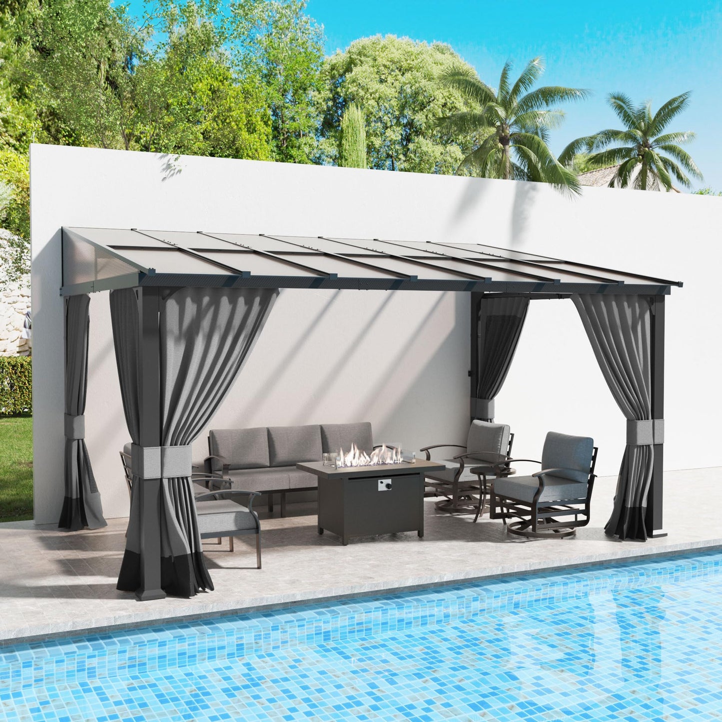 10' x 14' Hardtop Gazebo for Patio,Gazebo Pergola with Sloping Polycarbonate Pitched Roof,Durable Aluminum Frame & Netting Curtain,Large Wall-Mounted Heavy Duty Awnings for Patio,Decks,Backyard,Grey