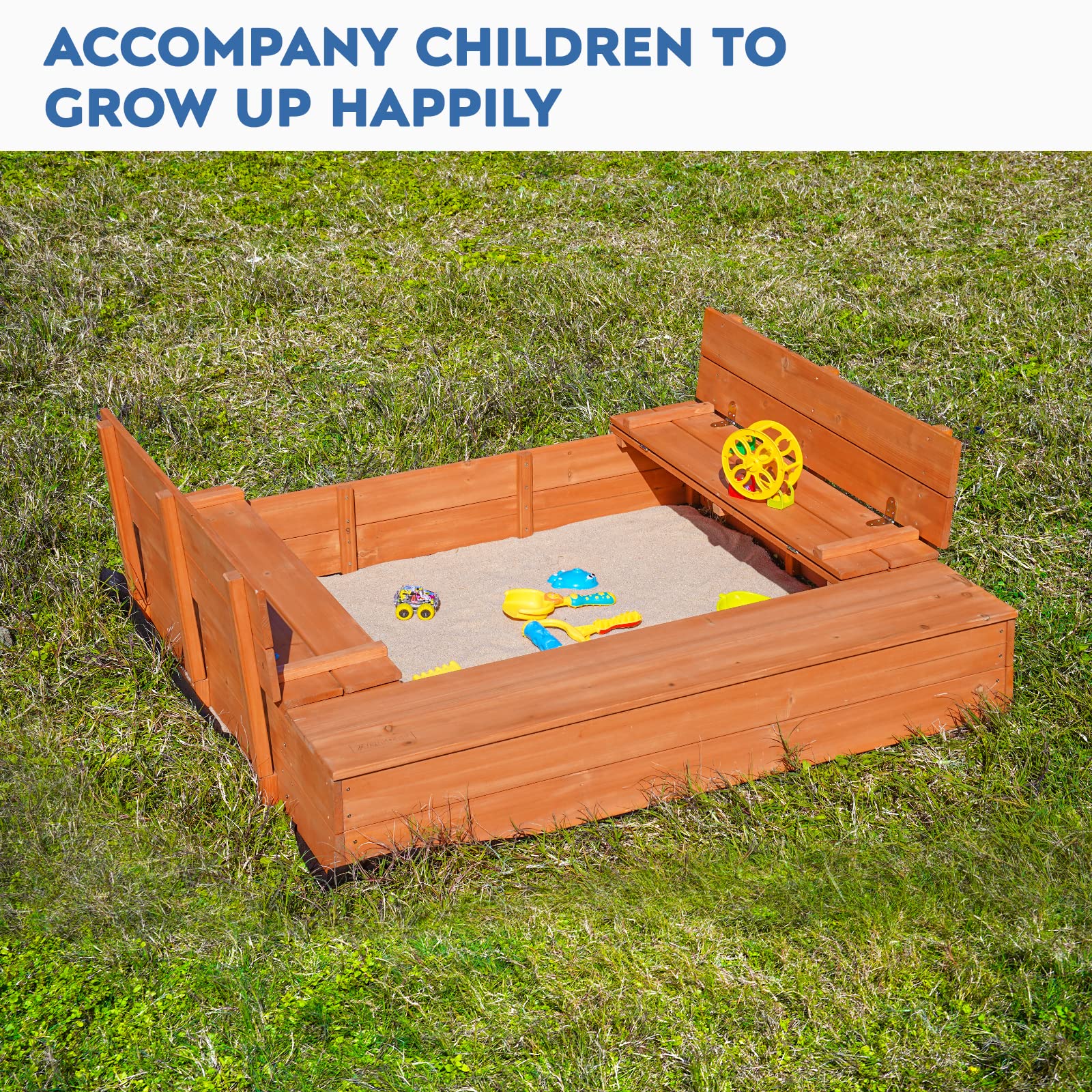 Kids Wooden Sandbox with Cover and Foldable Storage Bench Seats, Sand Table with Protection Bottom Liner,Kids Play Equipment for Outdoor Backyard Garden 47X47in. - WoodArtSupply