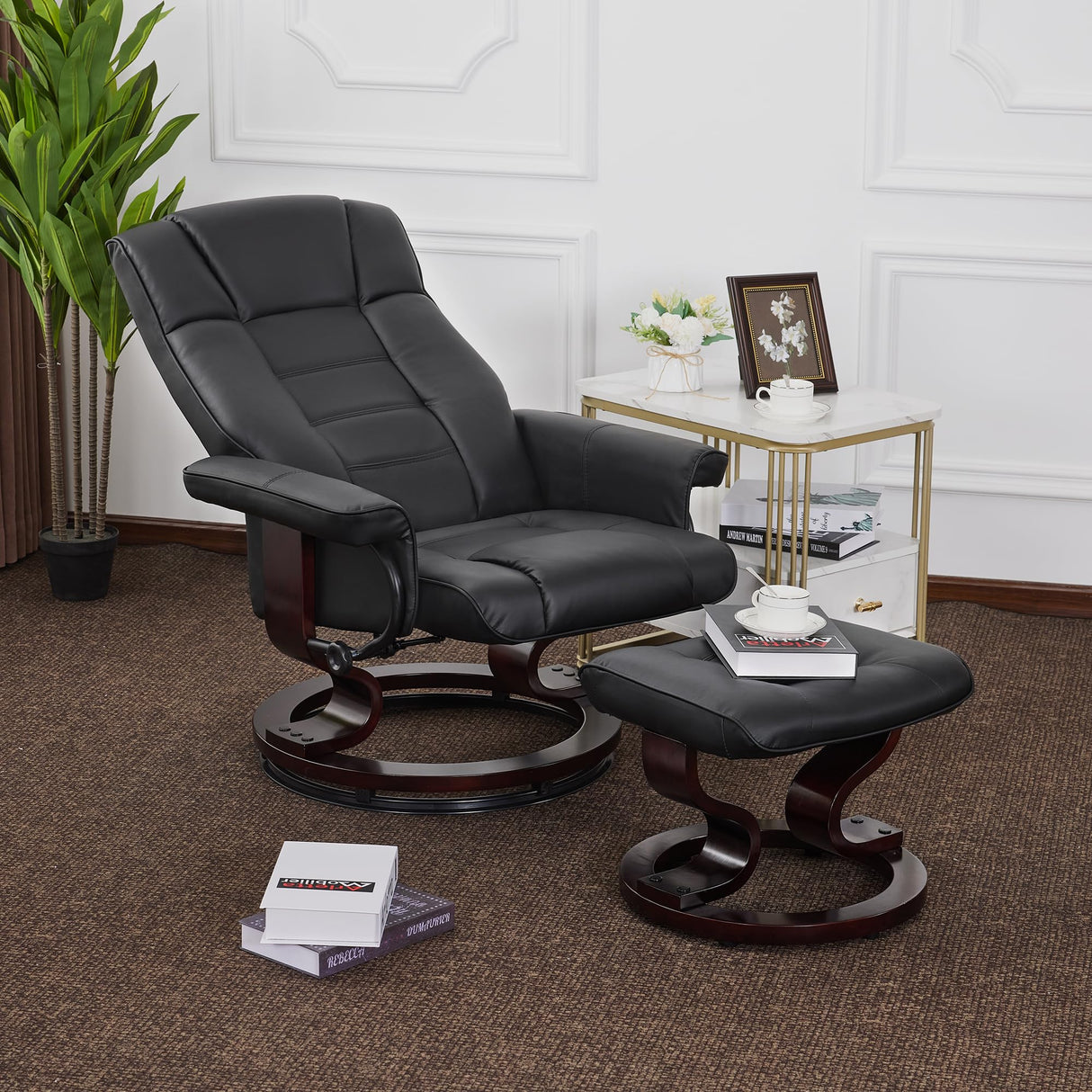 MCombo Manual Swivel Recliner with Ottoman, Chair Ottoman Set for RV Small Spaces, Living Room, Bedroom, Office 9019 4919 (Faux Leather, Black) MCombo