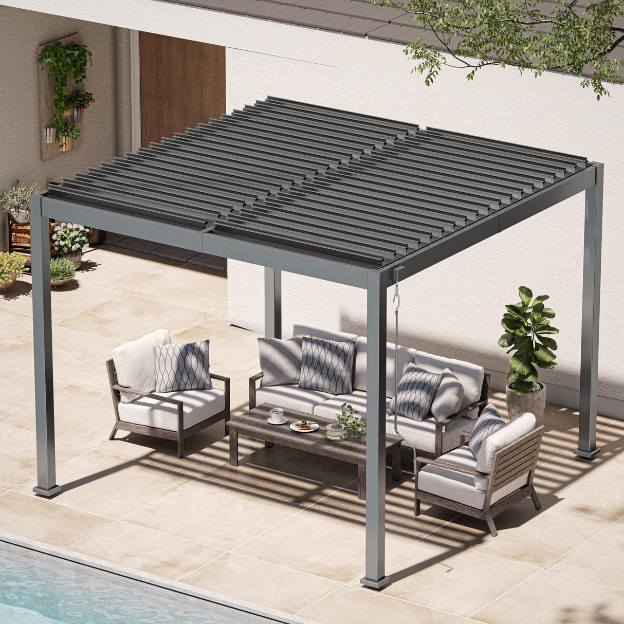 Louvered Pergola, 10 x 10 Aluminum Pergola, Outdoor Modern Design with Adjustable Roof and Hidden Drainage System, Durable for Gardens,Garden Yard, Deck (Dark Gray, 10x10) Oasbira