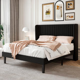 SHA CERLIN Full Size Velvet Bed Frame with Vertical Channel Tufted Wingback Headboard, Upholstered Platform Bed with Wood Slats, No Box Spring Needed, Easy Assembly, Black SHA CERLIN