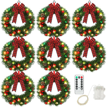 Ceenna 8 Pcs Lighted Christmas Wreath 14 Inch Pre Lit Artificial Christmas Wreath Xmas Wreath with Battery Operated LED Light and Timer for Front Door Outdoor Window Holiday Party Decor (Plaid Bow)