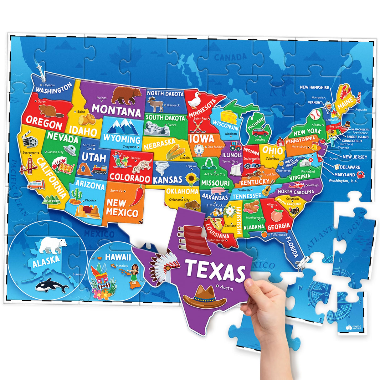 United States Puzzles for Kids Ages 4-6 - Educational Toys for Boys & Girls - 70Pcs USA Map Kids Puzzle with 50 States & Capitals - Christmas Gifts for Kids - Floor Jigsaw Puzzles Momo & Nashi