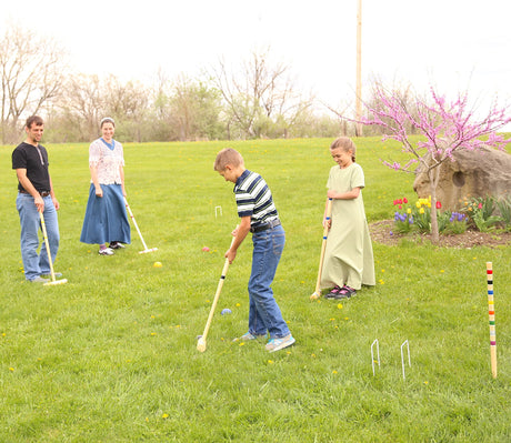AmishToyBox.com Deluxe Croquet Game Set - 8 Player - with Wooden Stand (Four 28" Handles/Four 32" Handles) AmishToyBox.com