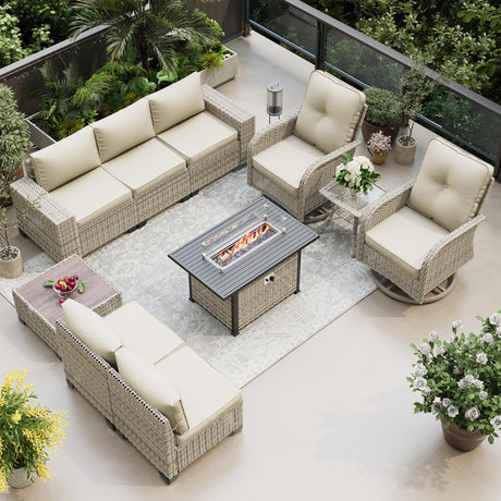 Muphyers 10-Piece Outdoor Patio Furniture Set with Rocking Swivel Chair, PE Wicker Rattan Sectional Sofa Patio Conversation Set with 55,000 BTU Fire Pit Table & Coffee Table, White Muphyers