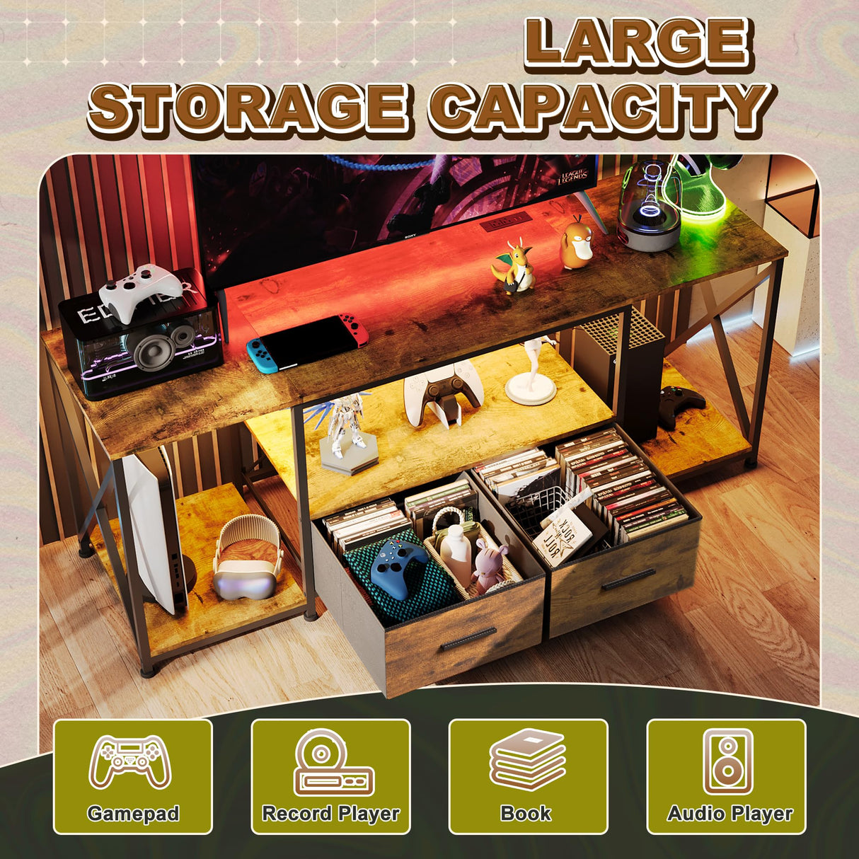 EKNKOZY Dresser TV Stand with Power Outlets & LED Lights, Up to 65 Inches Dresser TV Stand with 2 Large Dresser Drawers, Bedroom Dresser with 3 Open Storage Shelf (Rustic Brown, 55 INCH) EKNKOZY