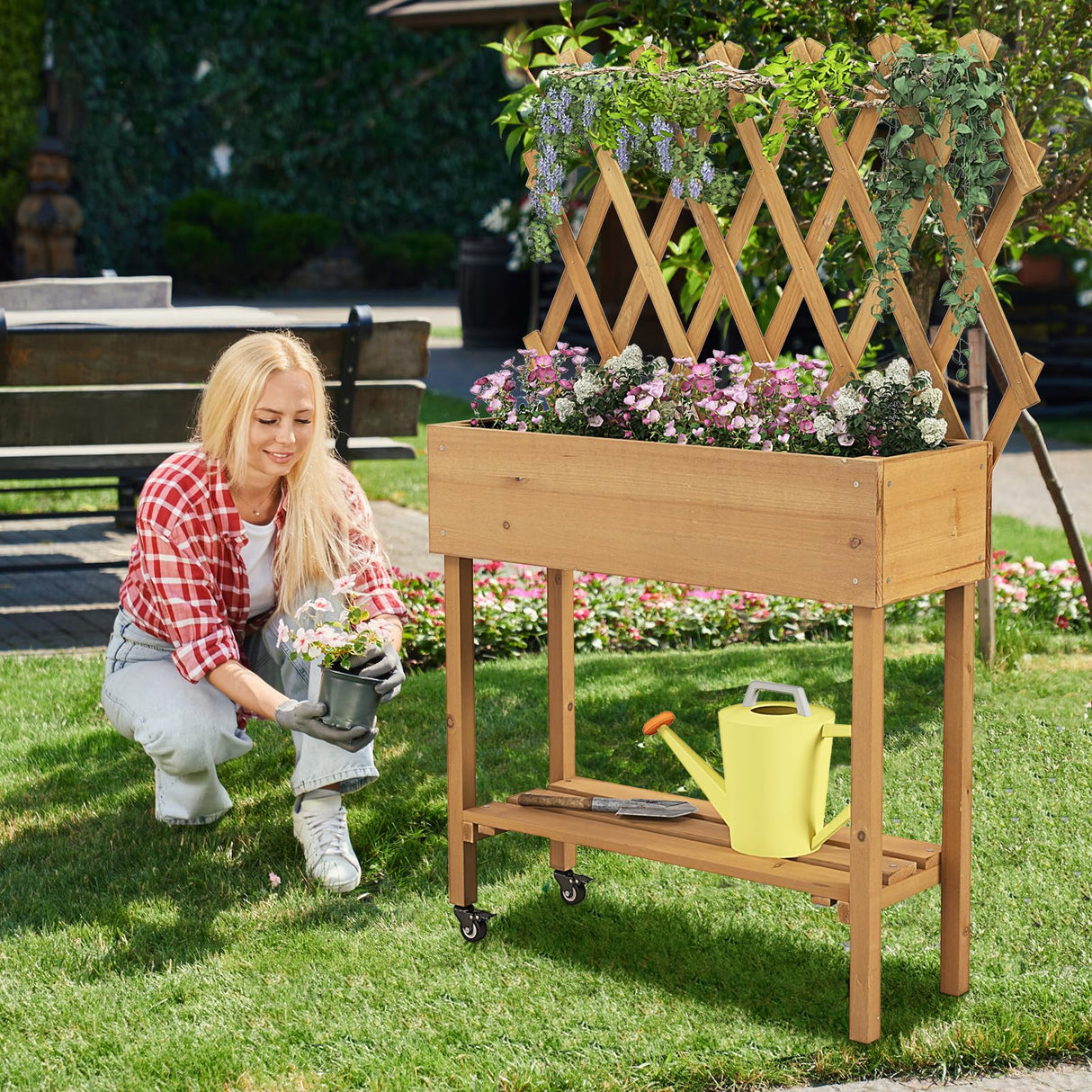 Toolsempire Raised Garden Bed with Trellis, Fir Wood Elevated Planter Bed with Legs, 2 Lockable Wheels & Storage Shelf, Wooden Planter Box Raised Bed for Gardening, Backyard, Balcony & Greenhouse Toolsempire