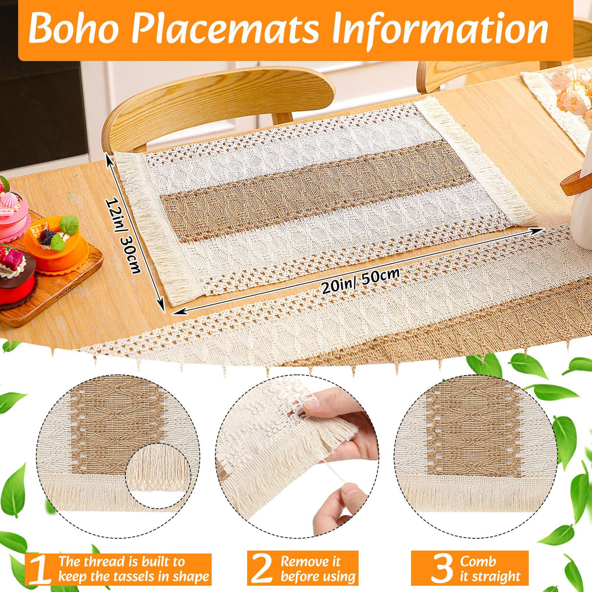 Gandeer Boho Placemats 4/6 Set of Round Woven Placemats Macrame Style Bicolor Stitching Long Table Runner Farmhouse Rustic Natural Burlap Cotton for Kitchen Dining Table Home(Brown,4 Sets) Gandeer