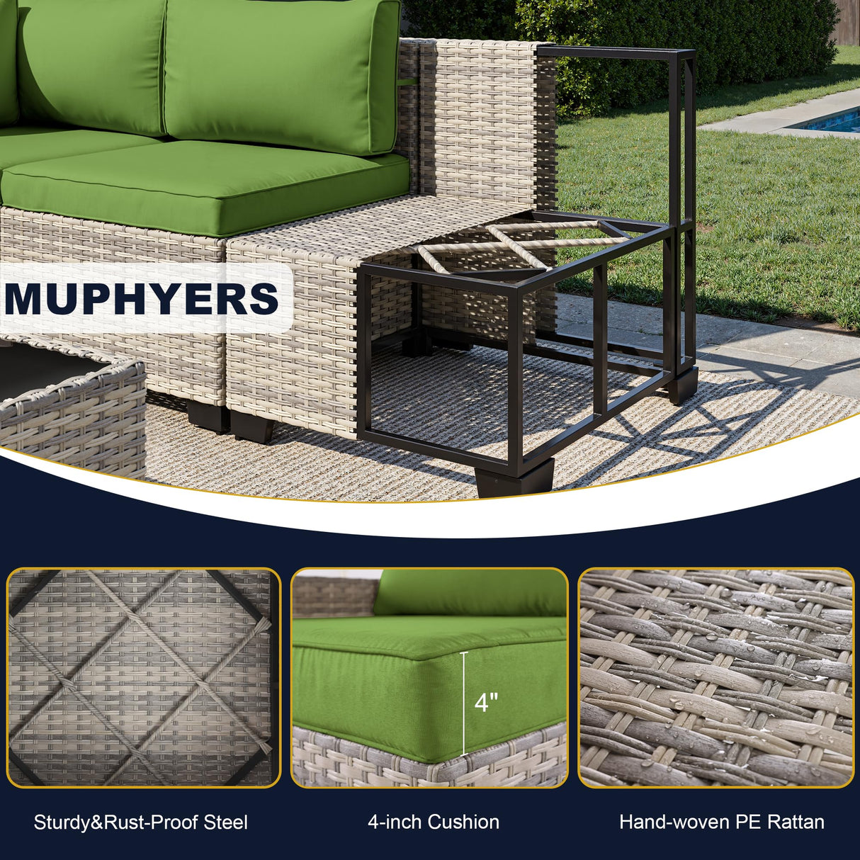 Muphyers 7-Piece Outdoor Patio Furniture Set, PE Wicker Rattan Sectional Sofa Conversation Set with Tempered Glass Table & Thick Cushions - All-Weather Garden, Backyard Furniture, Avocado Green Muphyers