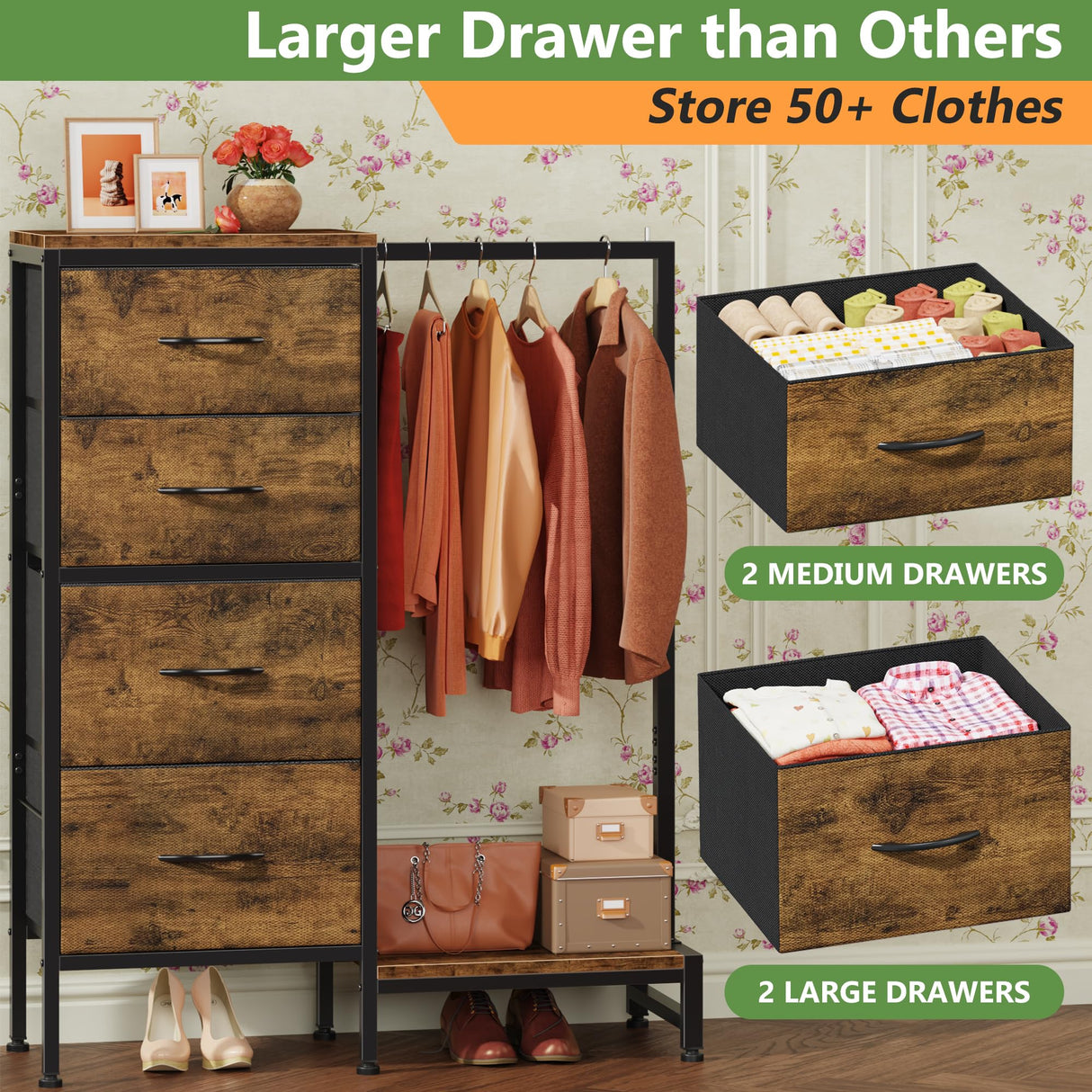 HIGDBFE Dresser with Hanging Rack, 4 Drawers Small Closet for Bedroom, Reversible Fabric Kids Chest of Drawers with Clothes Rack, Tall Storage Tower, Sturdy Frame, Rustic Brown, 44''H HIGDBFE