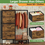 HIGDBFE Dresser with Hanging Rack, 4 Drawers Small Closet for Bedroom, Reversible Fabric Kids Chest of Drawers with Clothes Rack, Tall Storage Tower, Sturdy Frame, Rustic Brown, 44''H HIGDBFE