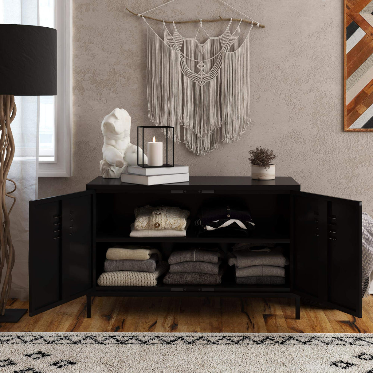 REALROOMS Shadwick 2 Door Wide Metal Locker Accent Storage Cabinet, Black REALROOMS