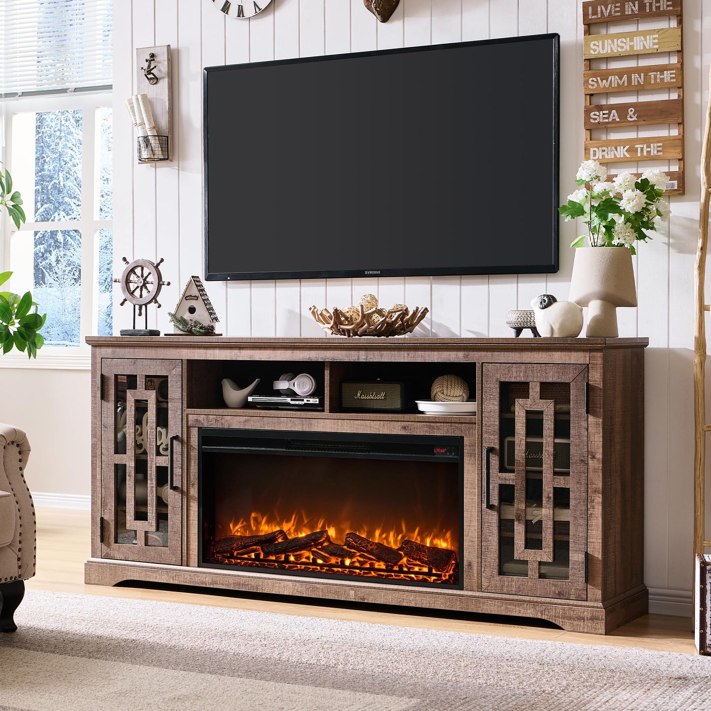 JXQTLINGMU Fireplace TV Stand with 36" Electric Fireplace for 80 Inch TV, Farmhouse 32" Tall Highboy Entertainment Center w/6 Shelves, Modern Media Console w/Storage for Living Room, Rustic Brown