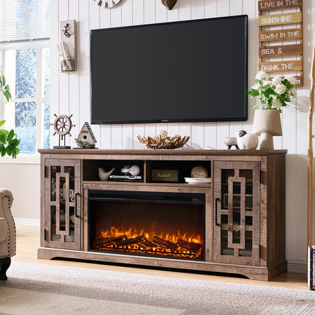 JXQTLINGMU Fireplace TV Stand with 36" Electric Fireplace for 80 Inch TV, Farmhouse 32" Tall Highboy Entertainment Center w/6 Shelves, Modern Media Console w/Storage for Living Room, Rustic Brown JXQTLINGMU