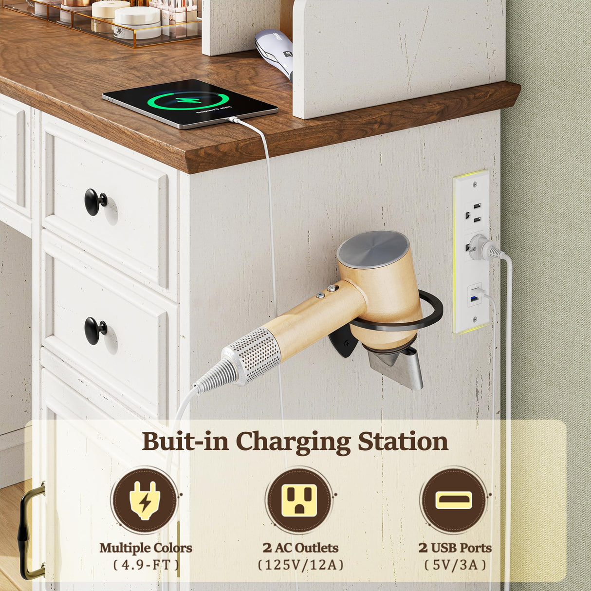 EnHomee Vanity Desk with Mirror and Lights, 43" White Makeup Vanity Desk with 5 Drawers & 2 RGB Glass Cabinets, Adjustable 3 LED Lights for Bedroom, Farmhouse Dressing Table for Women EnHomee