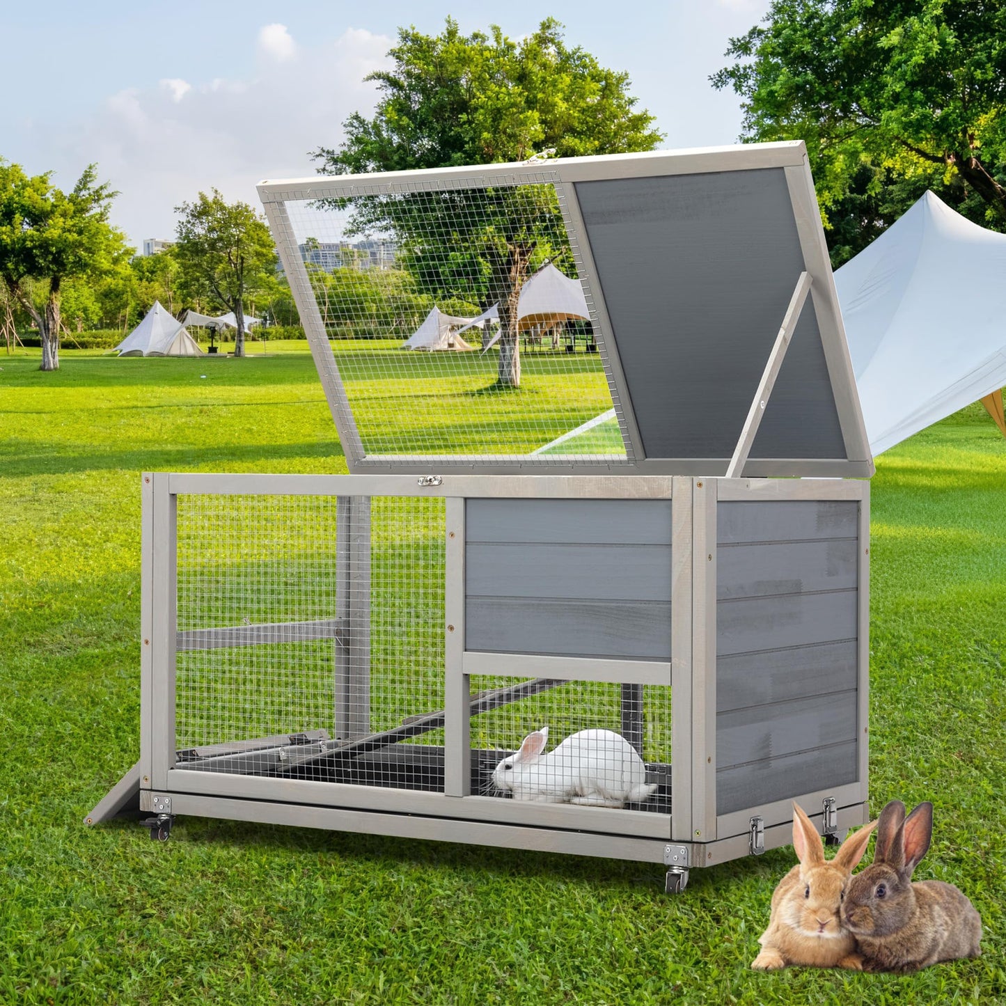 Wooden 36Inches Rabbit Hutch Indoor with Wheels Bunny Cage Outdoor Durable Wide Space Rabbit Cage with Tray, Openable Roof, Anti-Slip Ramp for Small Bunny Rabbit (Grey)