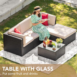 Devoko 5 Pieces Patio Furniture Sets All Weather Outdoor Sectional Patio Sofa Manual Weaving Wicker Rattan Patio Seating Sofas with Cushion and Glass Table(Beige) Devoko