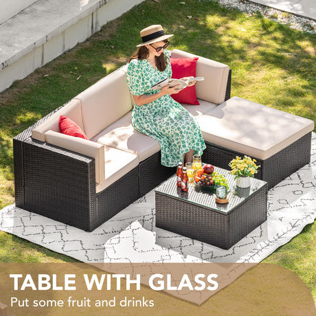 Devoko 5 Pieces Patio Furniture Sets All Weather Outdoor Sectional Patio Sofa Manual Weaving Wicker Rattan Patio Seating Sofas with Cushion and Glass Table(Beige) Devoko