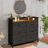 Welfuturer Black Dresser for Bedroom with LED Light & Charging Station Dresser with 6 Drawers Storage Tower for Closet Living Room Hallway Entryway Sturdy Steel Frame Double Wooden Tabletop Welfuturer