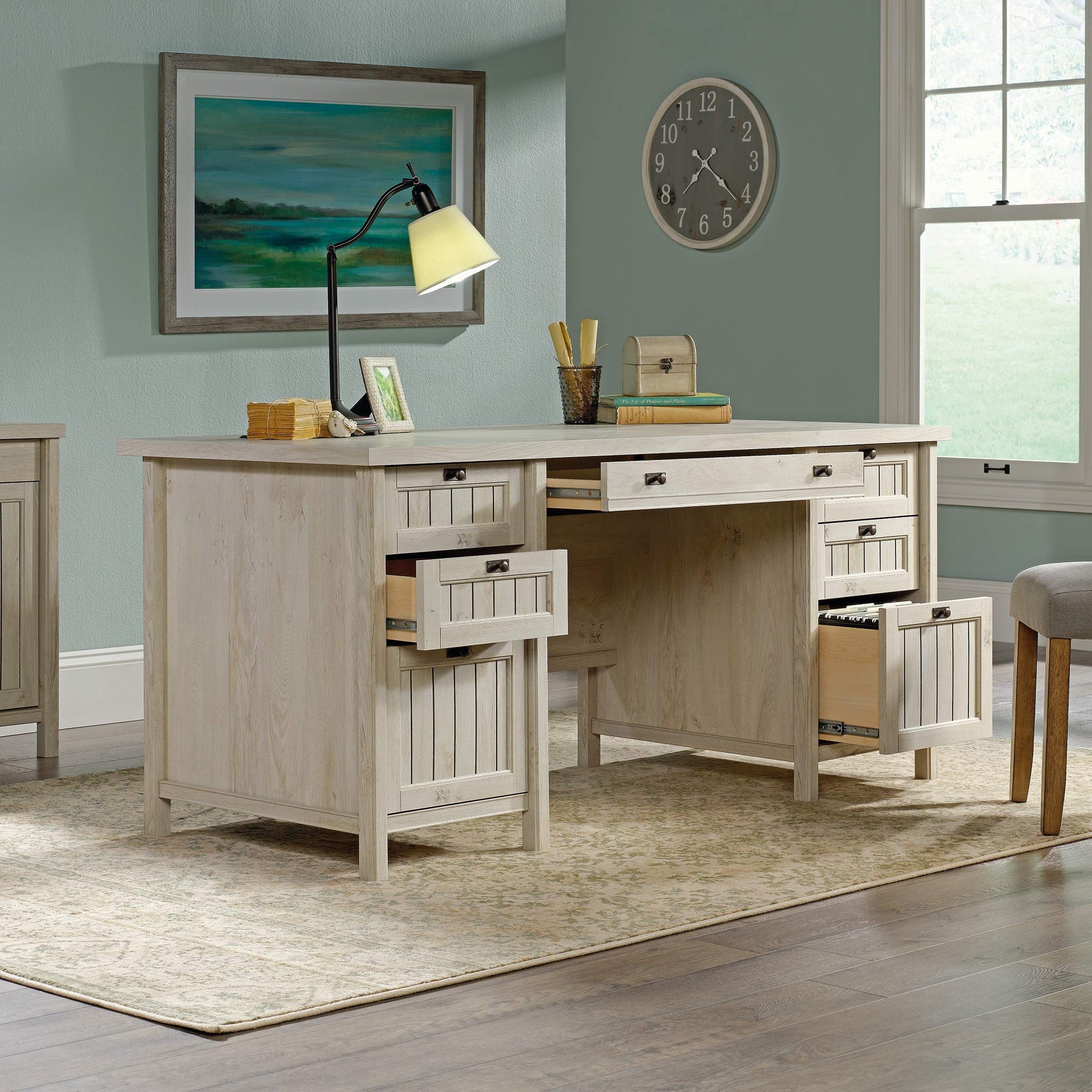 Sauder Costa Executive Desk, L: 65.12" x W: 29.53" x H: 30.0", Chalked Chestnut finish - WoodArtSupply