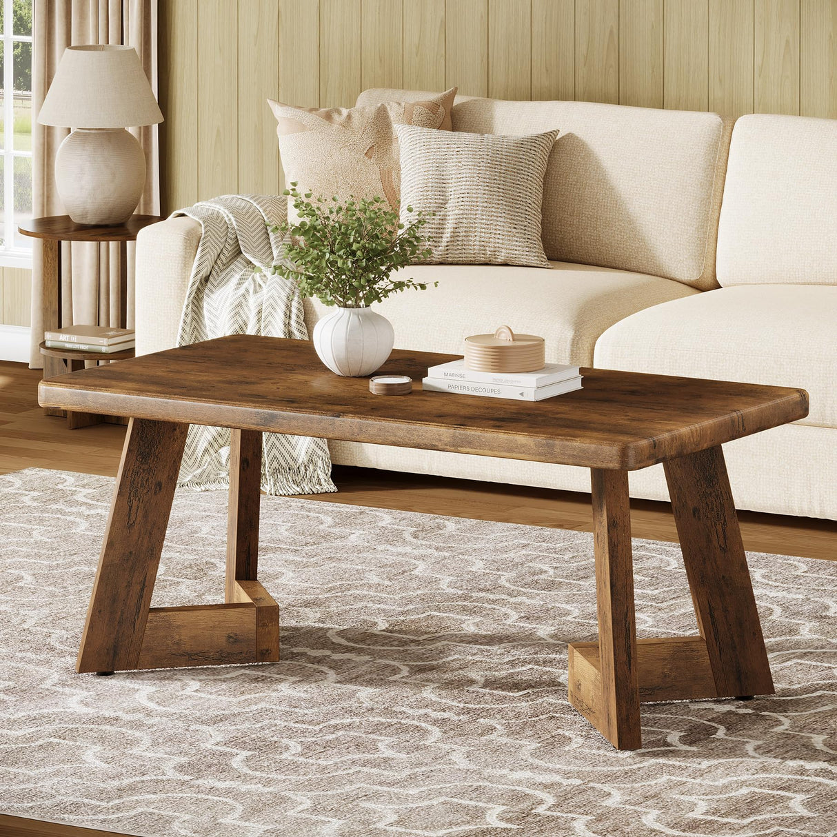 Tribesigns Coffee Table, Farmhouse Center Table with V-Shaped Legs, 47.2 x 23.6 Inches Rectangle Living Room Tables, Easy to Assemble, Rustic Brown Tribesigns