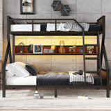 Twin XL Over Queen Bunk Bed with Storage Shelf and RGB LED Lights, Adults Bunk Bed with Angle Padded Ladder, Heavy Duty Bunk Beds with Noise-Reducing Rubber Stoppers, Black Bellemave