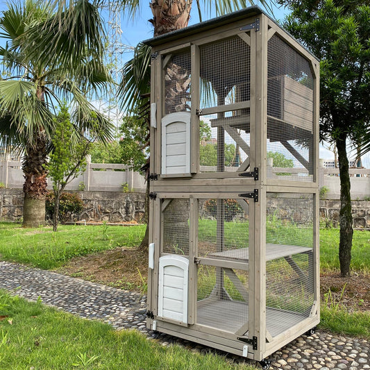 Gowoodhut Catio Cat Enclosures Outdoor for Cats, Wooden Outdoor Cat Enclosure on Wheels Attach to Window Catio, Cat House Weatherproof, Pull-out Tray-Greywhite - WoodArtSupply