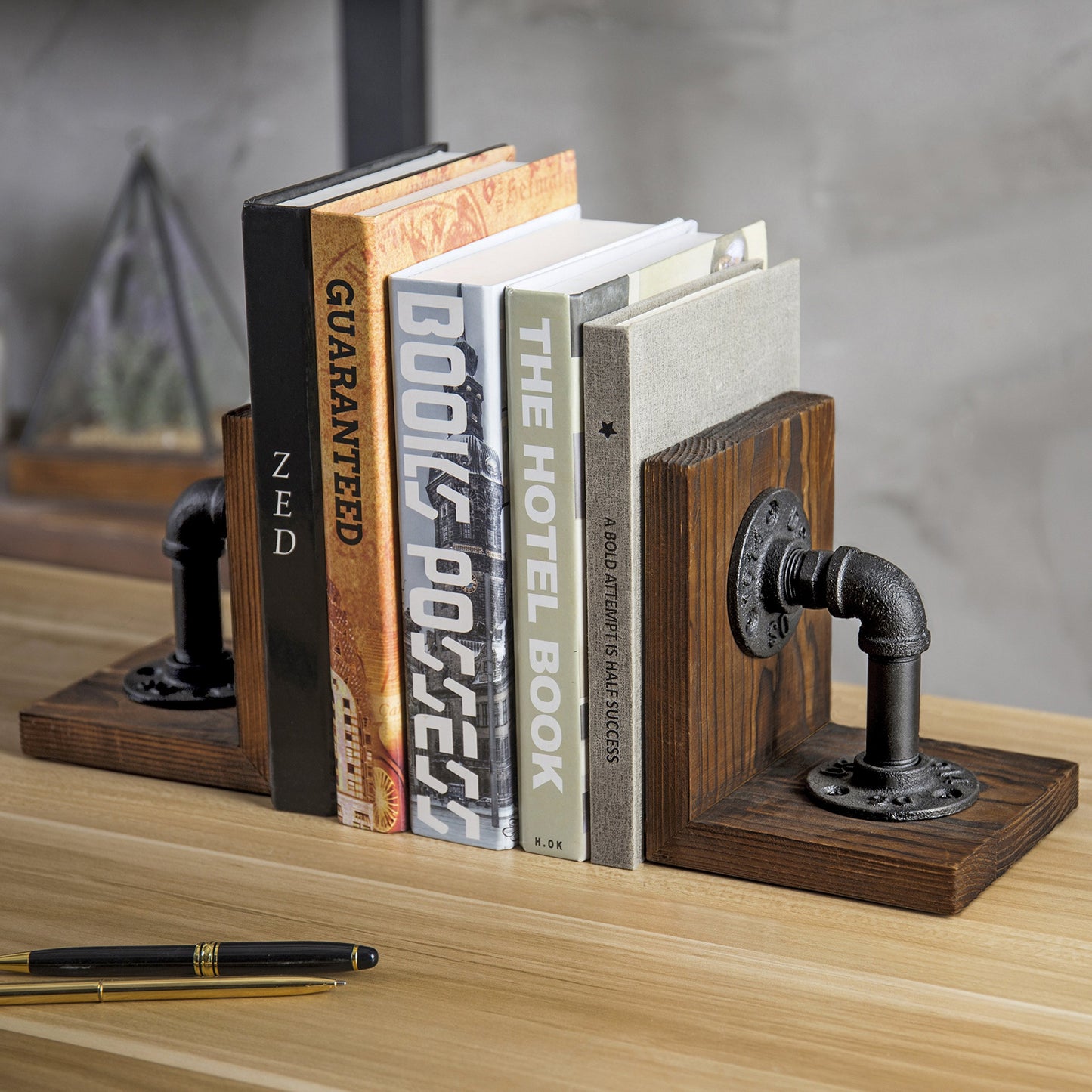 MyGift Rustic Brown Wood Bookends with Realistic Industrial Pipe Design, Decorative Office Bookends Shelf Decor Desk Book Holder L-Shaped Stand, 1-Pair