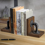 MyGift Rustic Brown Wood Bookends with Realistic Industrial Pipe Design, Decorative Office Bookends Shelf Decor Desk Book Holder L-Shaped Stand, 1-Pair MyGift
