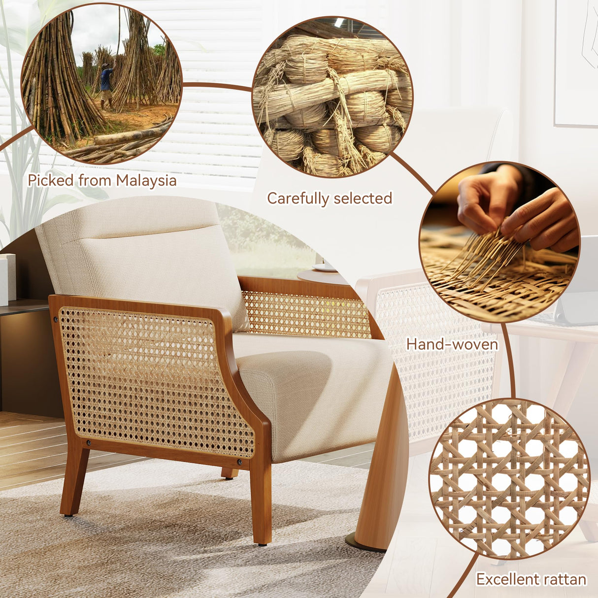 Aklaus Mid Century Accent Chair with Rattan Armrest, Upholstered Living Room Chairs Lounge Fabric Reading Chairs Side Sitting Farmhouse Chair for Living Room, Bedroom, Balcony, Beige Aklaus