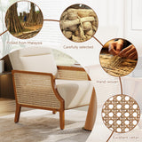 Aklaus Mid Century Accent Chair with Rattan Armrest, Upholstered Living Room Chairs Lounge Fabric Reading Chairs Side Sitting Farmhouse Chair for Living Room, Bedroom, Balcony, Beige Aklaus