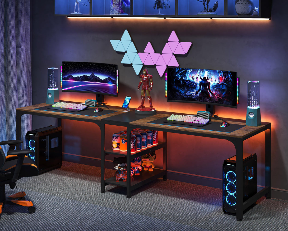 Tribesigns 90.55'' 2 Person Desk with Storage Shelves, Double Computer Desk with Spacious Desktop, Extra Long Study Writing Table Workstation for Home Office (Black & Brown) Tribesigns