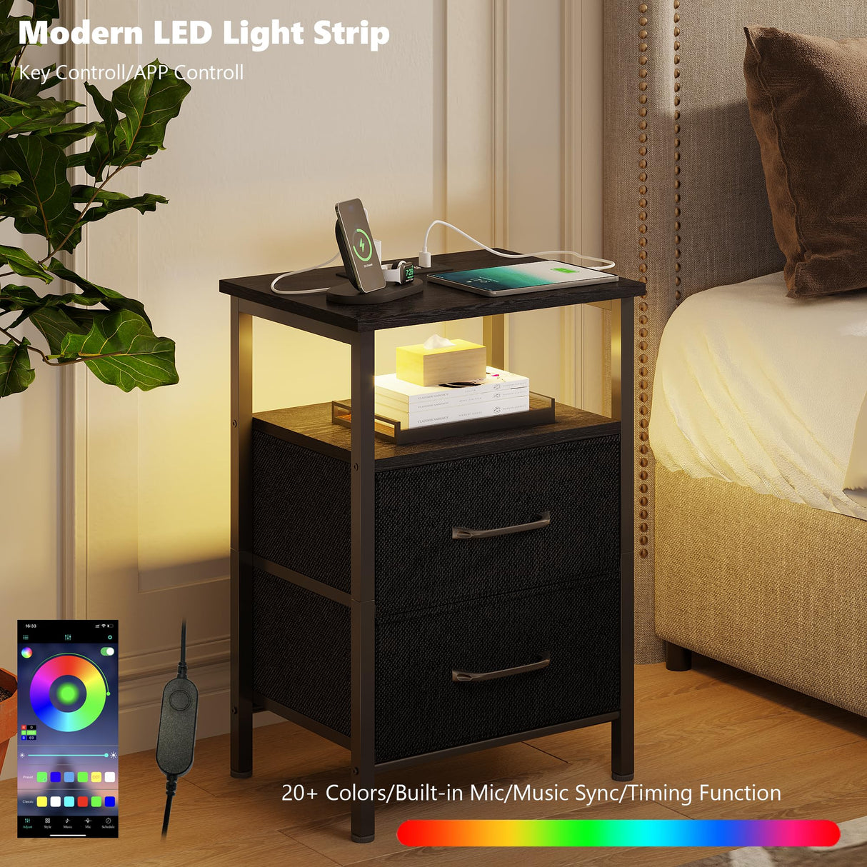 TRIFEBLE Nightstands Set of 2, Night Stand with Charging Station and Led Lights, Bedside Table with 2 Fabric Drawers for Bedroom, Small Side End Table with Open Shelf, Black TRIFEBLE
