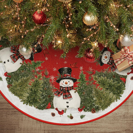 AVOIN colorlife Cardinals Cedar Snowman with Scarf Christmas Tree Skirt, Xmas Winter Holiday Party Tree Mat Indoor Outdoor Decoration 36 Inch AVOIN colorlife