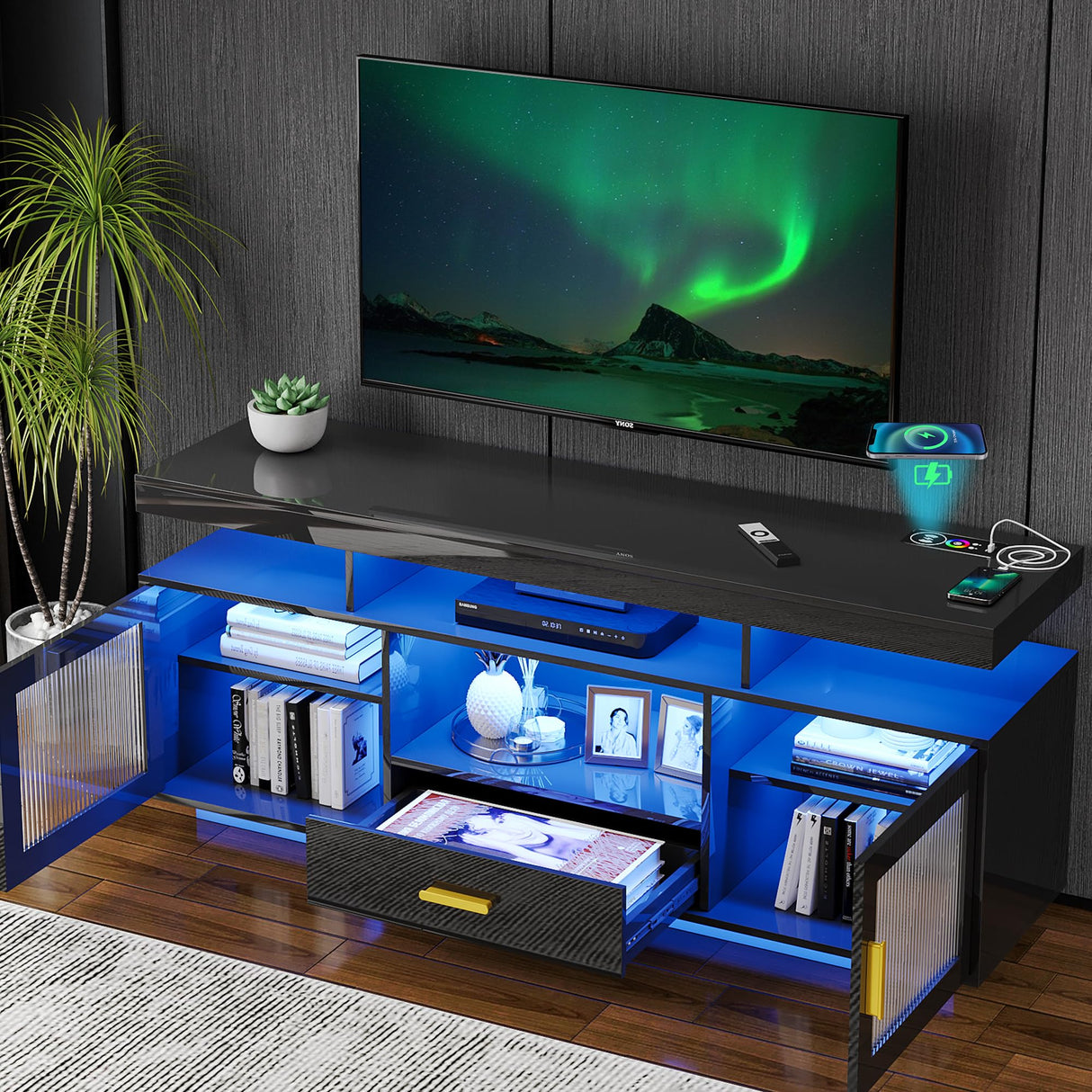 MDGC 24-Color RGB TV Stand, Auto Sensor LED Entertainment Center with Wireless Charging Station, Media TV Console Table with Large Storage Cabinet (Black) MDGC