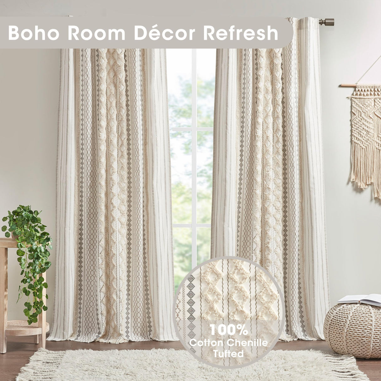 INK+IVY Imani 100% Cotton SINGLE PANEL Curtain Tufted Chenille Stripe Geometric Print Mid-Century Look Rod Pocket Top Drape for Living Room, Privacy Window Treatment for Bedroom, 50" x 84", Ivory INK+IVY