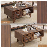 Walnut Coffee Table with Storage, 39" Mid Century Modern Coffee Table for Living Room Rectangle Wooden Center Table Small Fluted Tea Table with Sliding Door and Open Shelves Luoxiao