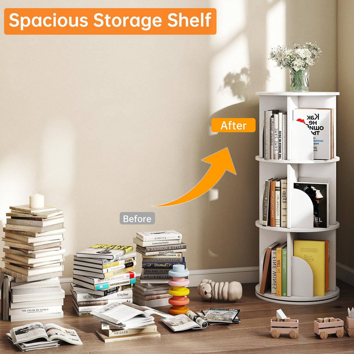 Cuzobro Rotating 3-Tier Bookshelf, 360° Spinning Corner Bookcase with Lazy Susan, White Space Saving Organizer for Study Room, Home Office, Kids Rooms, Bedroom, Adults & Kids Cuzobro