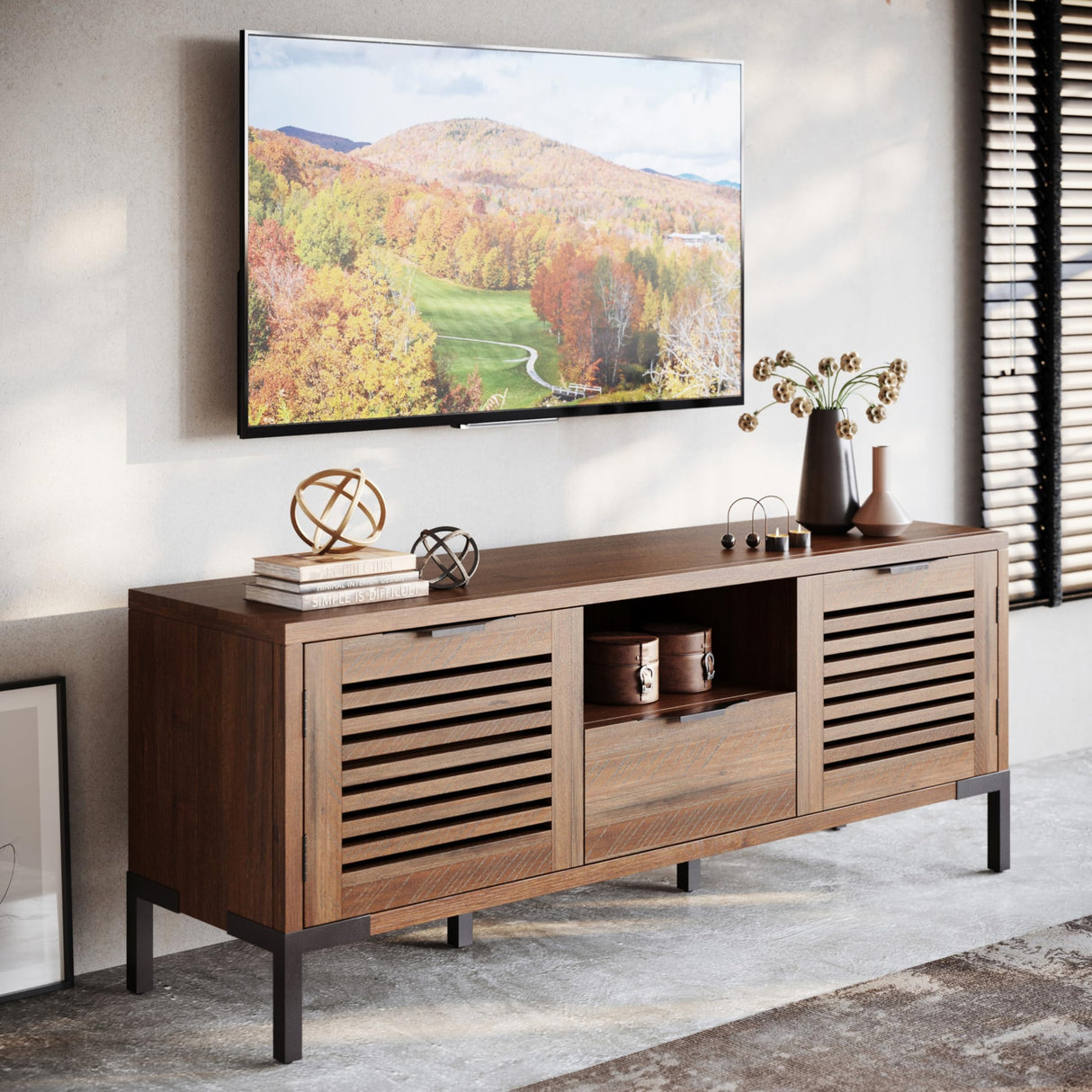 Bme 63 Inch Modern Farmhouse 5 Minutes Assembled 2 Doors & 1 Drawer, Console Table 65 Inches, Living Room, Millie Rustic TV Stand, Rustic Chestnut Bme