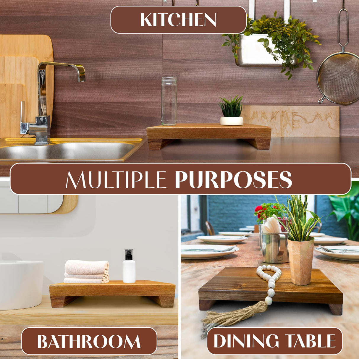 Lyfe Simple Natural Acacia Wood Pedestal Stand | Wood Riser with Decorative Beads | Kitchen Counter Decor | Soap Tray for Kitchen Sink | Bathroom Tray | Tabletop Wooden Stand (12 x 7 x 1.75 Inch) Lyfe Simple