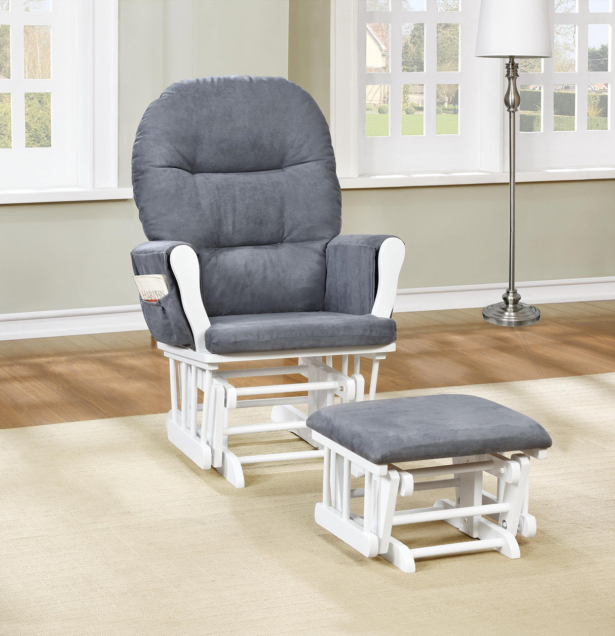 Naomi Home Nursery Glider Ottoman Sets Reclining Glider Rocker with Ottoman Nursery Rocking Breastfeeding Maternity Chair for Baby Room Recliner with Padded Arms - White Dark Gray Naomi Home