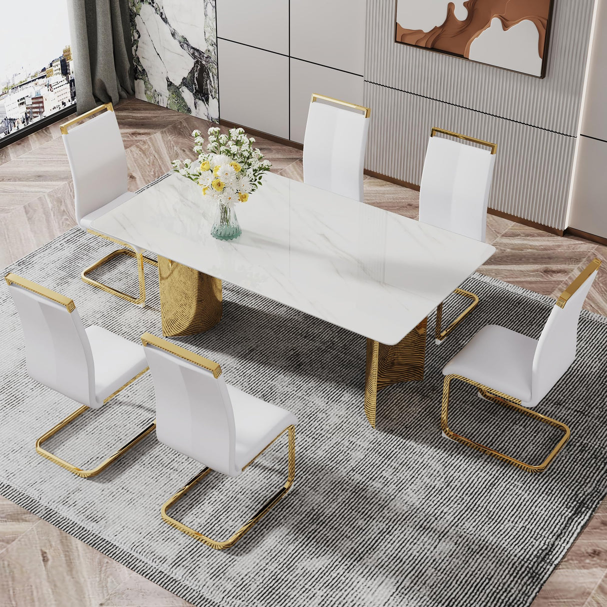Modern Dining Table for 8,White Marble Kitchen Table with Golden Stainless Steel Base,71'' Gold Dining Table Ideal for Kitchen Dining Room gopop