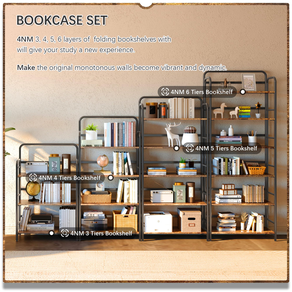 4NM No Assembly Folding Bookshelf, 6 Tier Vintage Industrial Book Shelf,Metal Foldable Storage Bookcase and Bookshelves for Living Room,Bedroom and Kitchen - Rustic Brown 4NM
