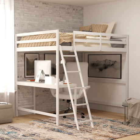 BizChair Full Size Loft Bed with Integrated Desk - White Wood Slats - Space-Saving Design for Kids and Teens BizChair