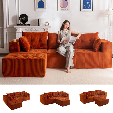 MAXYOYO Modular Sectional Sofa Couch, L Shaped Modern Cloud Couch with 1 Ottoman, Sofa in A Box, Tufted 4-Seat Boneless Sleeper Chair for Living Room, No Assembly Required, Orange MAXYOYO