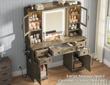 EnHomee Farmhouse Vanity Desk with LED Lighted Mirror, Makeup Vanity Table with RGB Cabinets and Lots Storage, 5 Drawers and 6 Storage Shelves for Bedroom and Dressing Room, Dark Oak EnHomee